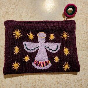 Jenny Krauss Angel 100% Wool Embroidered Clutch Purse Make Up Bag Boho